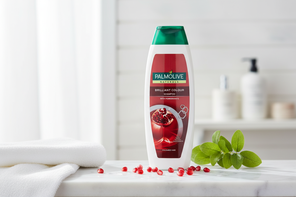 A 350ml bottle of Palmolive Naturals Shampoo Brilliant Colour by Palmolive, featuring a green cap, is displayed on a marble surface surrounded by pomegranate seeds, a towel, and green leaves—ideal for those looking for a coloured hair shampoo with natural pomegranate extracts.