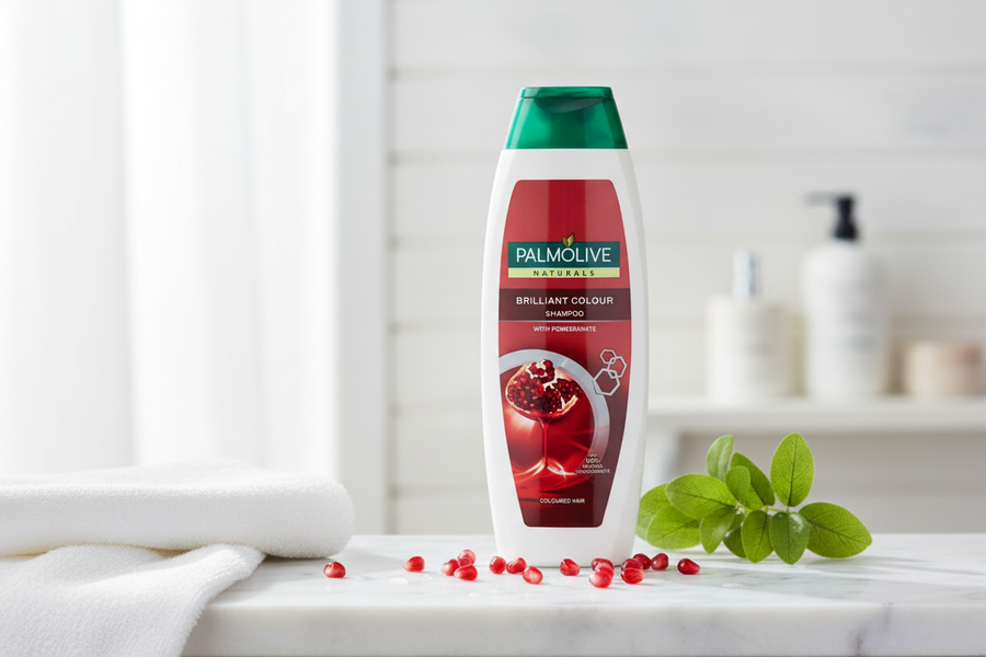 A 350ml bottle of Palmolive Naturals Shampoo Brilliant Colour by Palmolive, featuring a green cap, is displayed on a marble surface surrounded by pomegranate seeds, a towel, and green leaves—ideal for those looking for a coloured hair shampoo with natural pomegranate extracts.
