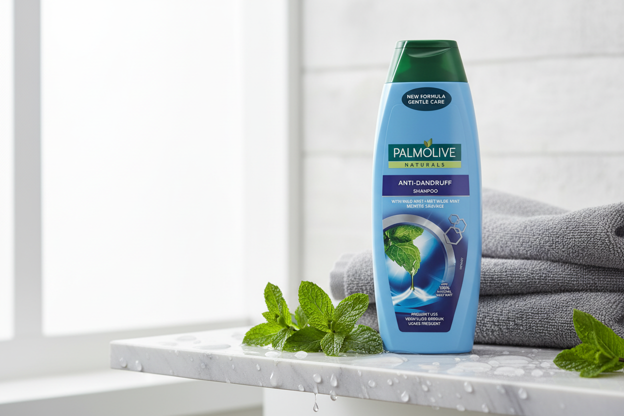 A bottle of Palmolive Wild Mint Anti Dandruff Shampoo (350ml) stands on a wet bathroom surface beside folded towels and fresh mint leaves, highlighting its scalp revitalising formula for a refreshing cleanse.
