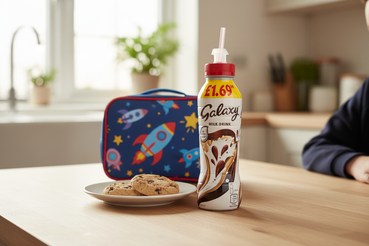 A 350ml bottle of Galaxy Chocolate Milkshake Drink from Galaxy, complete with a straw, sits next to a plate of cookies and a space-themed lunchbox on the kitchen table, offering a delicious treat with no added sugar.