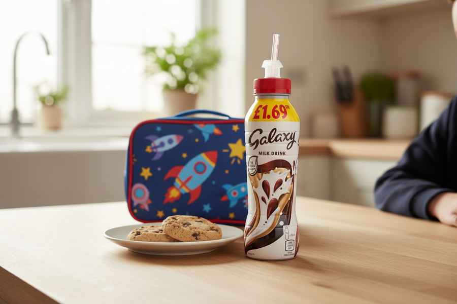 A 350ml bottle of Galaxy Chocolate Milkshake Drink from Galaxy, complete with a straw, sits next to a plate of cookies and a space-themed lunchbox on the kitchen table, offering a delicious treat with no added sugar.