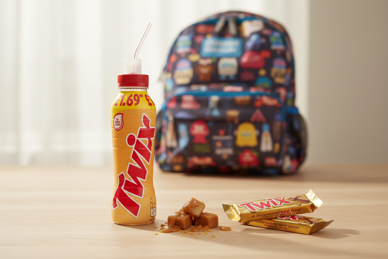 A Twix - Chocolate Caramel Biscuit Milk Shake Drink (350ml), two Twix bars, and caramel pieces are displayed on a table with a vibrant, patterned backpack in the background—perfect for anyone craving a delicious ready-to-drink chocolate caramel biscuit beverage from Twix.