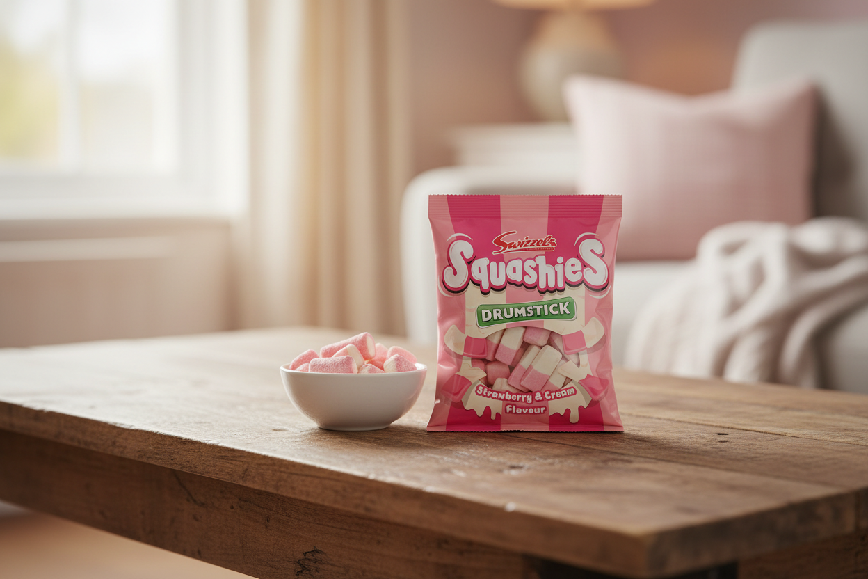 A 120g bag of Swizzels - Squashies Drumstick Strawberry & Cream Flavour chewy sweets, along with a small white bowl filled with the candy, sits on a wooden table in a softly lit living room.