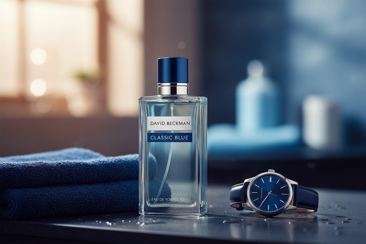 A 100ml bottle of David Beckham - Classic Blue Eau De Toilette rests next to a blue wristwatch and folded towels on a bathroom counter, creating a stylish display of men’s fragrance essentials.