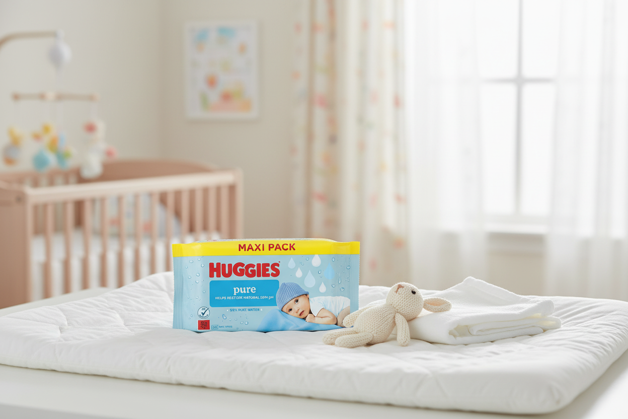 A pack of Huggies Pure Baby Wipes - 60 Wipes by Huggies, renowned for their gentle care on sensitive skin, sits alongside a folded white cloth and a plush toy on a changing table in a softly lit nursery adorned with pastel decor and a crib in the background.