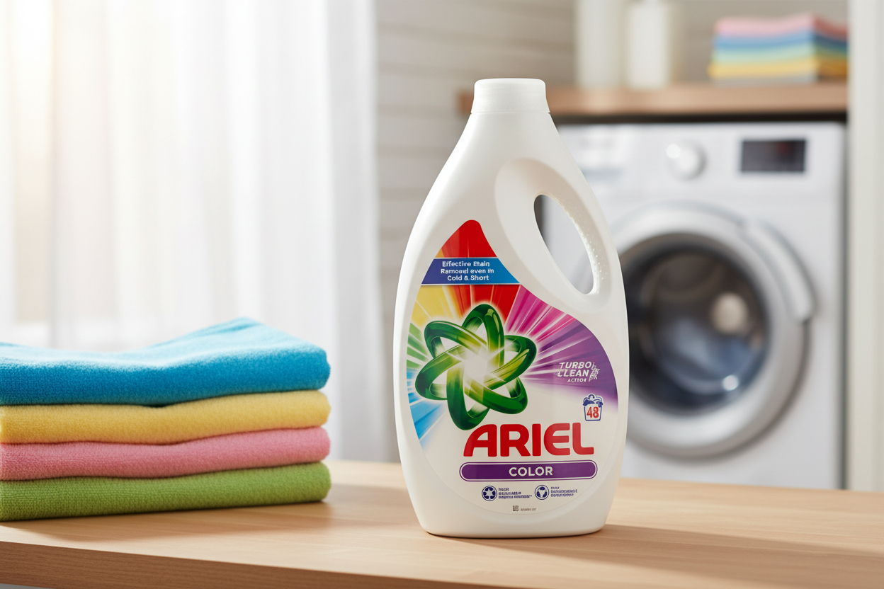 A bottle of Ariel - Color Stain & Odour Removal 48 Washes (2400ml) rests on a wooden surface beside neatly folded towels, with a washing machine in the background—ideal for removing stains and odours while keeping your coloured laundry vibrant.
