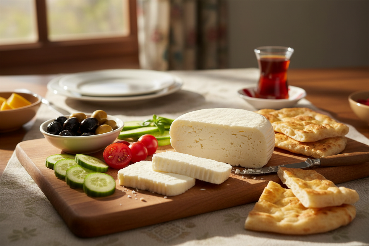 A wooden board featuring Kervan Erzincan Soft Cheese in Brine (Halal, 60% Fat), sliced alongside cucumbers, tomatoes, olives, flatbread, and a glass of tea on a set table near a window.