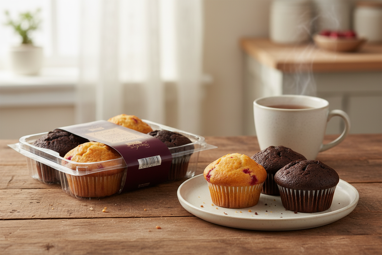 On a wooden table sits a plate with two bakery-style muffins and a steaming cup of coffee, while in the background, there’s a plastic container of Pearl’s Luxury Cherry & Double Chocolate Muffins (4 Pack) by Pearl’s.