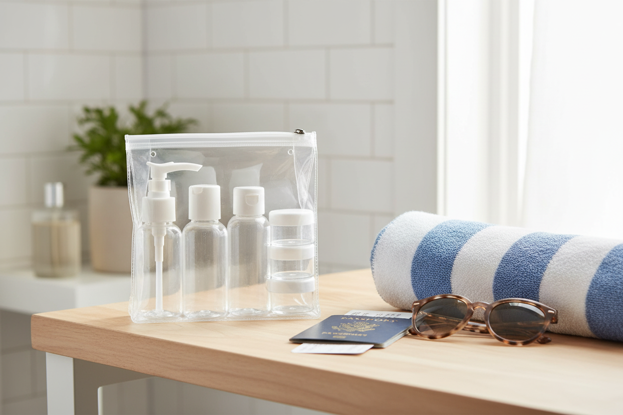 The Let’s Travel - Refillable Bottle Set - 6Pcs by Let’s Travel is displayed in a clear toiletry bag on a wooden surface, alongside a striped towel, sunglasses, and a passport in a bright bathroom setting.
