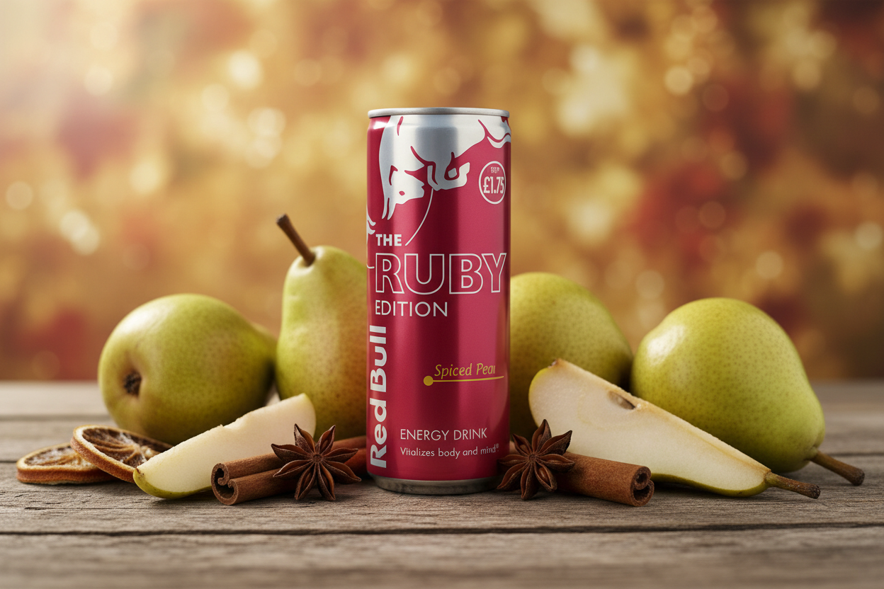 A 250ml can of Red Bull - Spiced Pear Energy Drink is displayed on a wooden surface, surrounded by whole and sliced pears, cinnamon sticks, star anise, and dried citrus, set against a blurred warm-toned background.