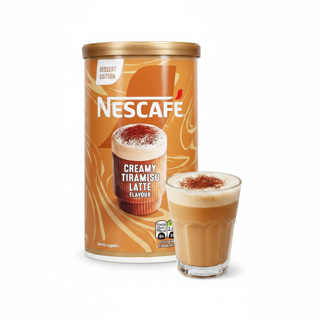 A Nescafe Creamy Tiramisu Latte Flavour canister next to a glass of the prepared coffee drink, set against a clean white background.