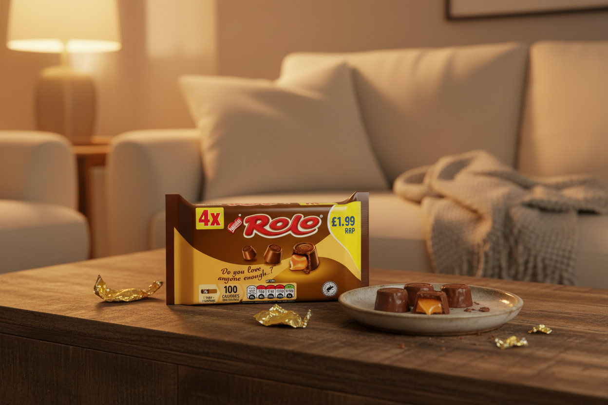 A Nestle Rolo Chocolate Multipack (4x41.6g) and a plate of unwrapped Nestle Rolos, each featuring a smooth toffee centre coated in creamy milk chocolate, sit on a wooden table in a cozy living room setting.