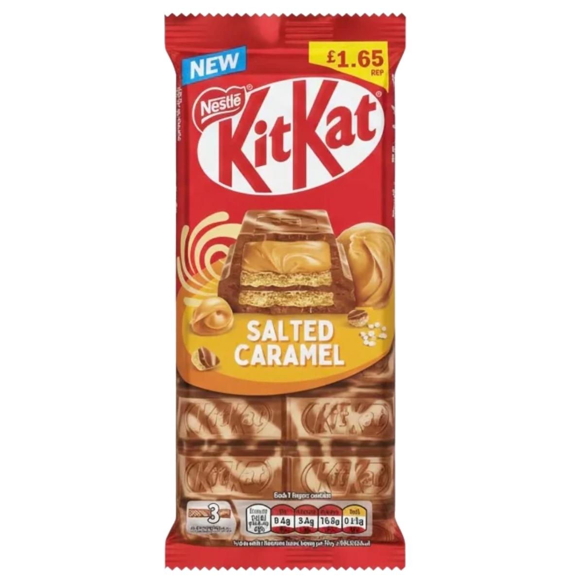 The Nestle Kit-Kat Salted Caramel Chocolate Bar (99g) in red packaging displays the product image, price of £1.65, and nutritional info at the bottom, made with quality ingredients like cocoa butter for a smooth, delicious taste.