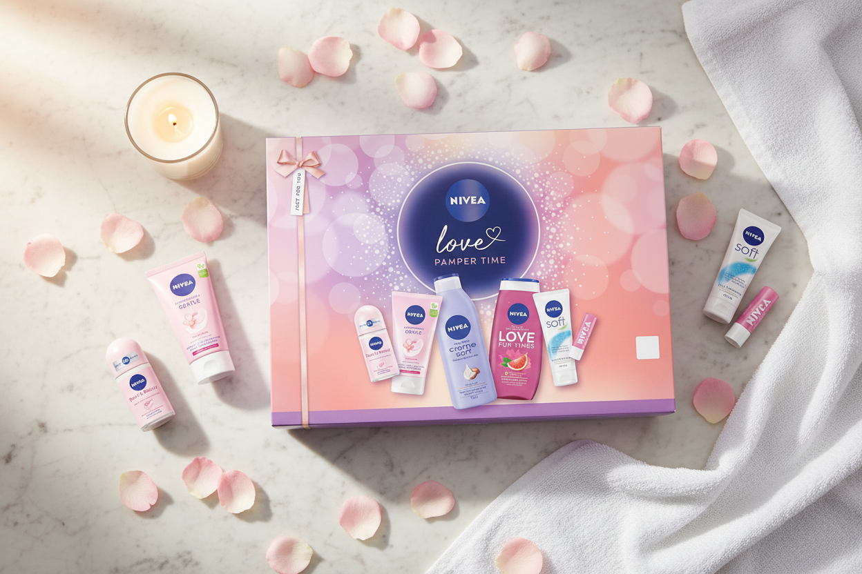 The Nivea Love Pamper Time Gift Set (1pc) by Nivea features a selection of body care essentials arranged with a lit candle, rose petals, and a white towel on marble—making it ideal for enhancing your self-care routine.