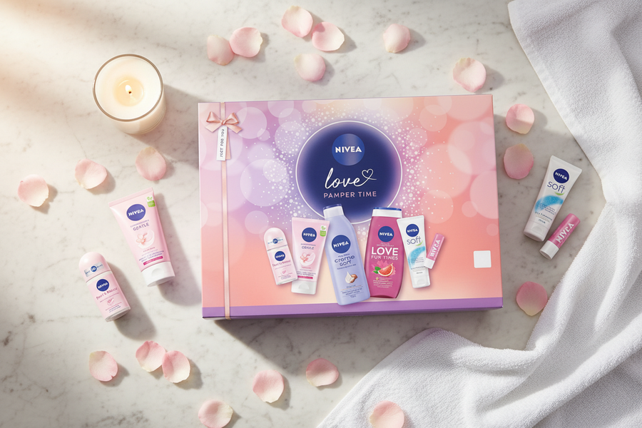 The Nivea Love Pamper Time Gift Set (1pc) by Nivea features a selection of body care essentials arranged with a lit candle, rose petals, and a white towel on marble—making it ideal for enhancing your self-care routine.