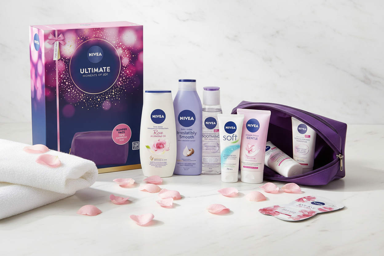 Nivea - Ultimate Moments of Joy 8Pcs Gift Set with Cosmetic Bag featuring eight skincare essentials, a purple cosmetic bag, a towel, and decorative pink rose petals arranged on a white marble surface.