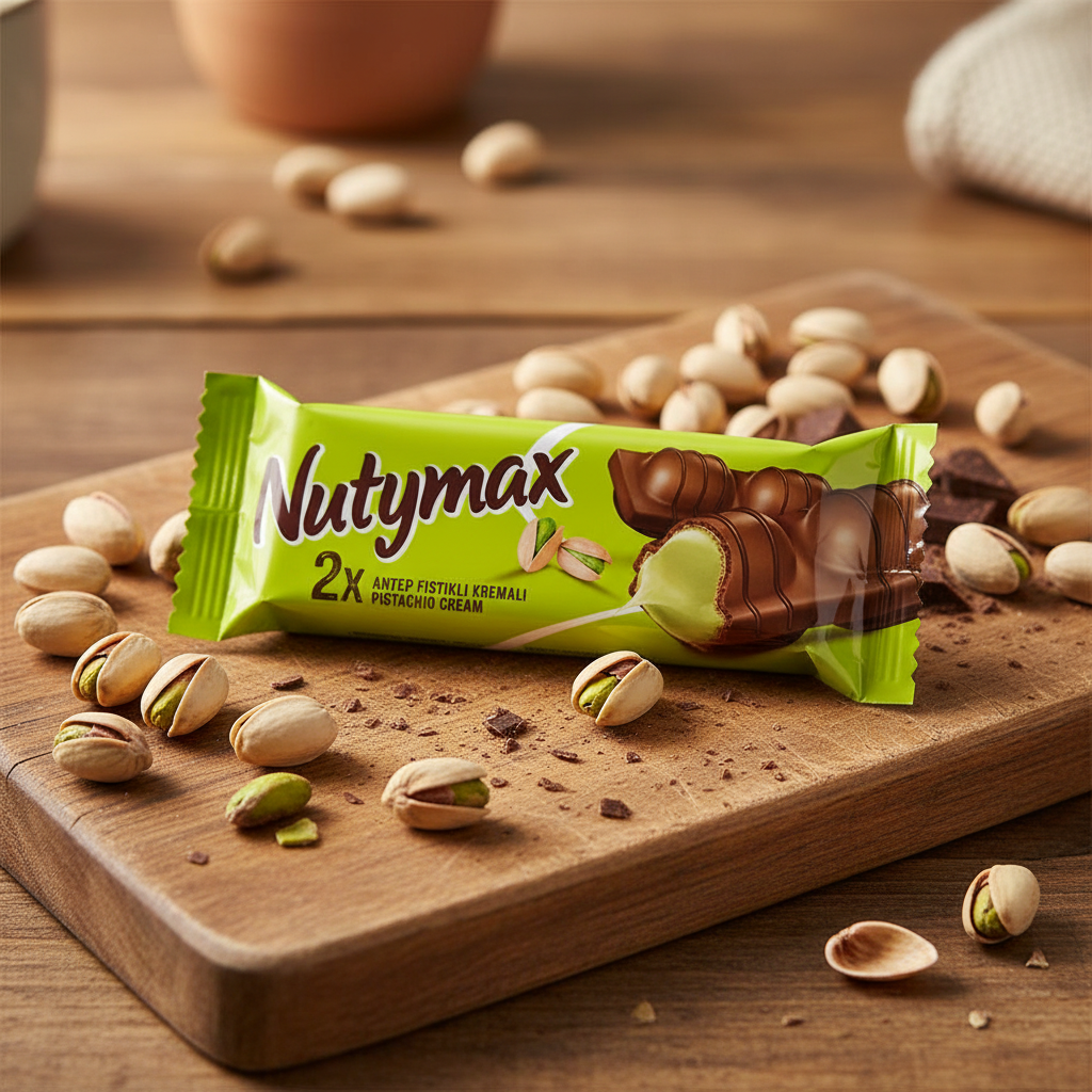 A 44g Nutymax Milk Chocolate Wafer with Pistachio Cream is showcased on a wooden board, accompanied by both shelled and unshelled pistachios—a tempting treat from Nutymax that highlights the best of Turkish confectionery.
