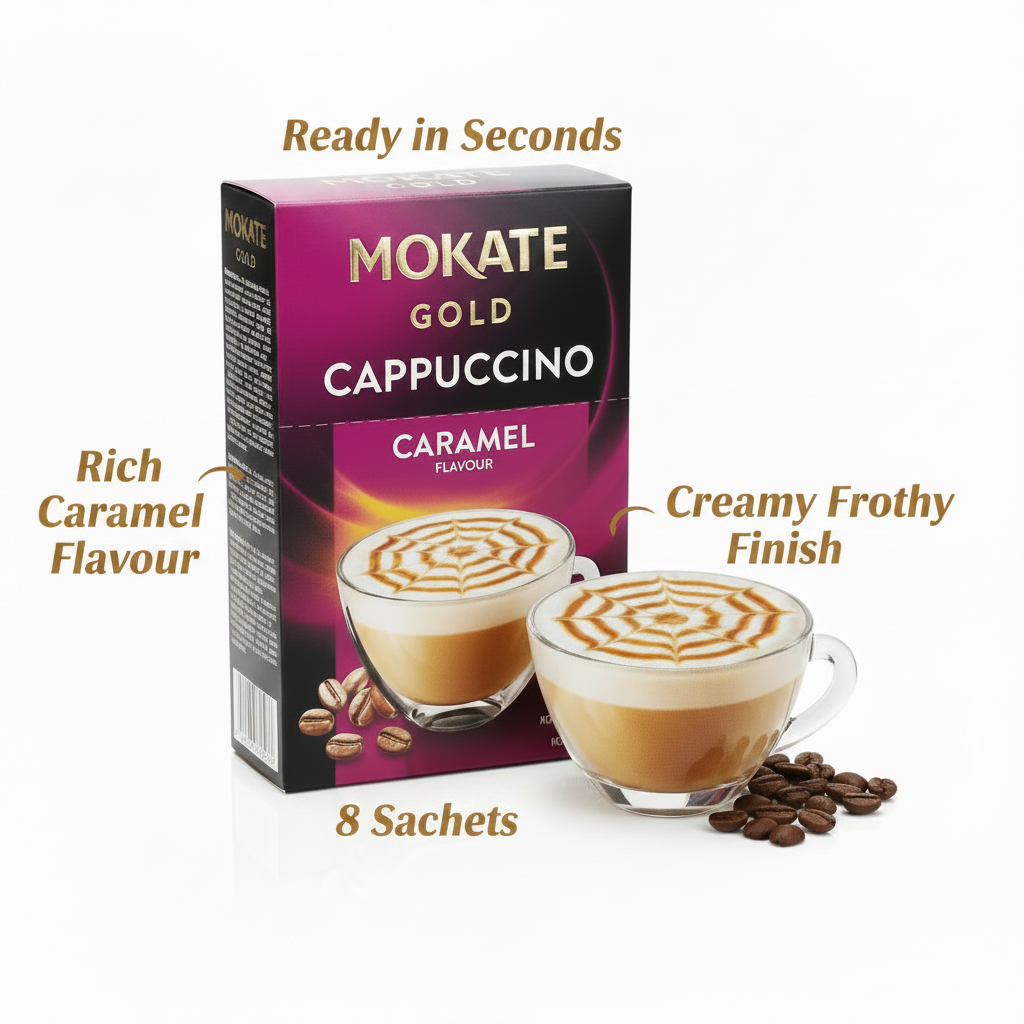 Mokate Gold Cappuccino Caramel flavor sachet box shown on a clean white background with decorative text callouts and coffee cup illustrations. The box is black and magenta with gold lettering, and the scene includes coffee beans and latte imagery to suggest flavor and texture.