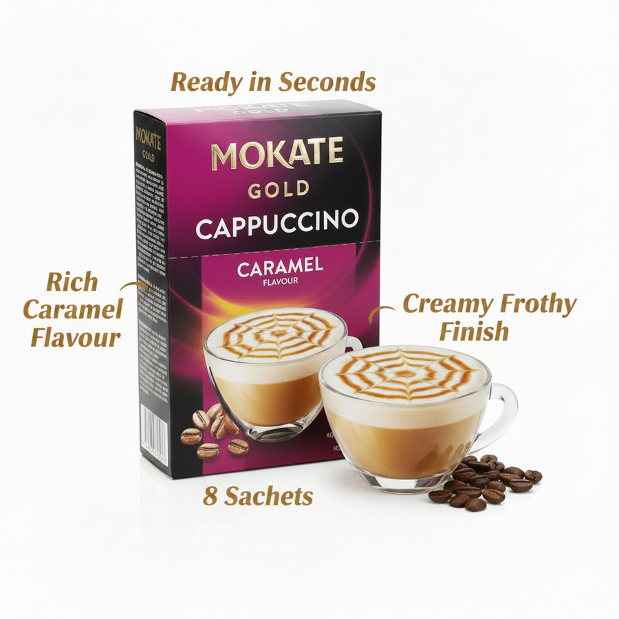 Mokate Gold Cappuccino Caramel flavor sachet box shown on a clean white background with decorative text callouts and coffee cup illustrations. The box is black and magenta with gold lettering, and the scene includes coffee beans and latte imagery to suggest flavor and texture.