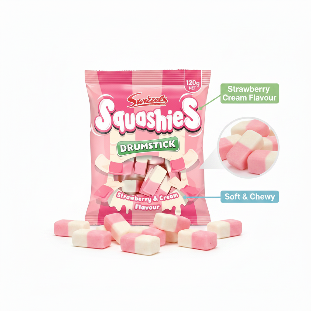A 120g bag of Swizzels Squashies Drumstick Strawberry & Cream Flavour, with several pink and white chewy sweets displayed in front.