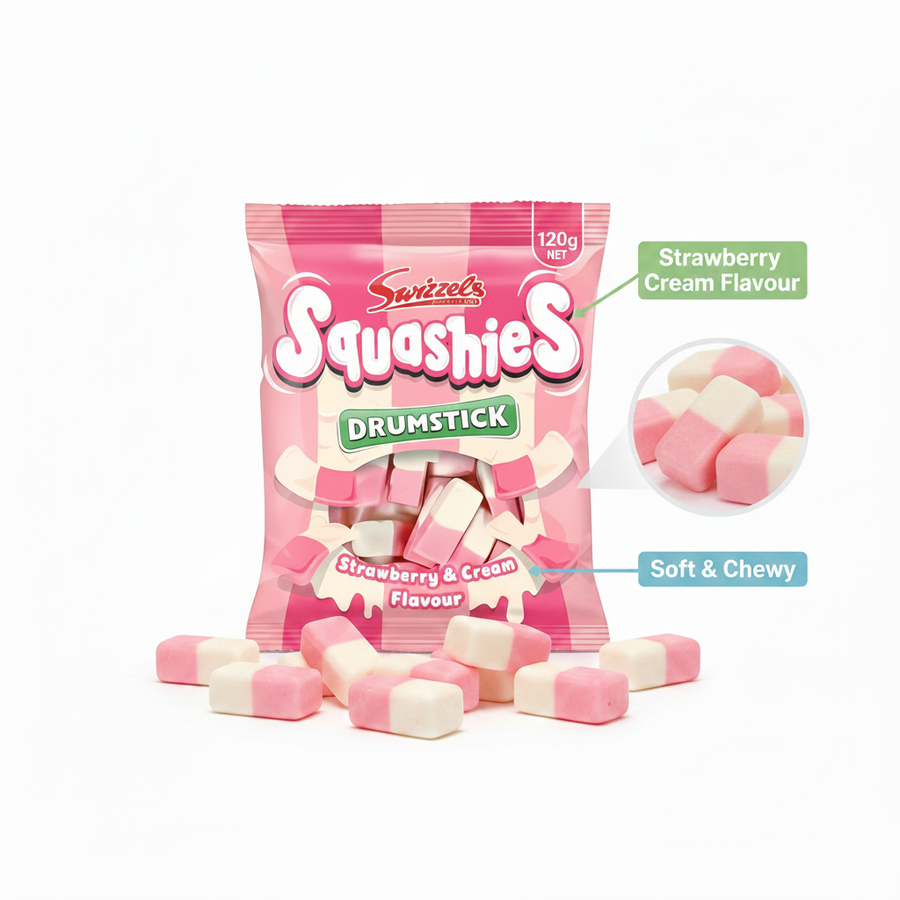 A 120g bag of Swizzels Squashies Drumstick Strawberry & Cream Flavour, with several pink and white chewy sweets displayed in front.