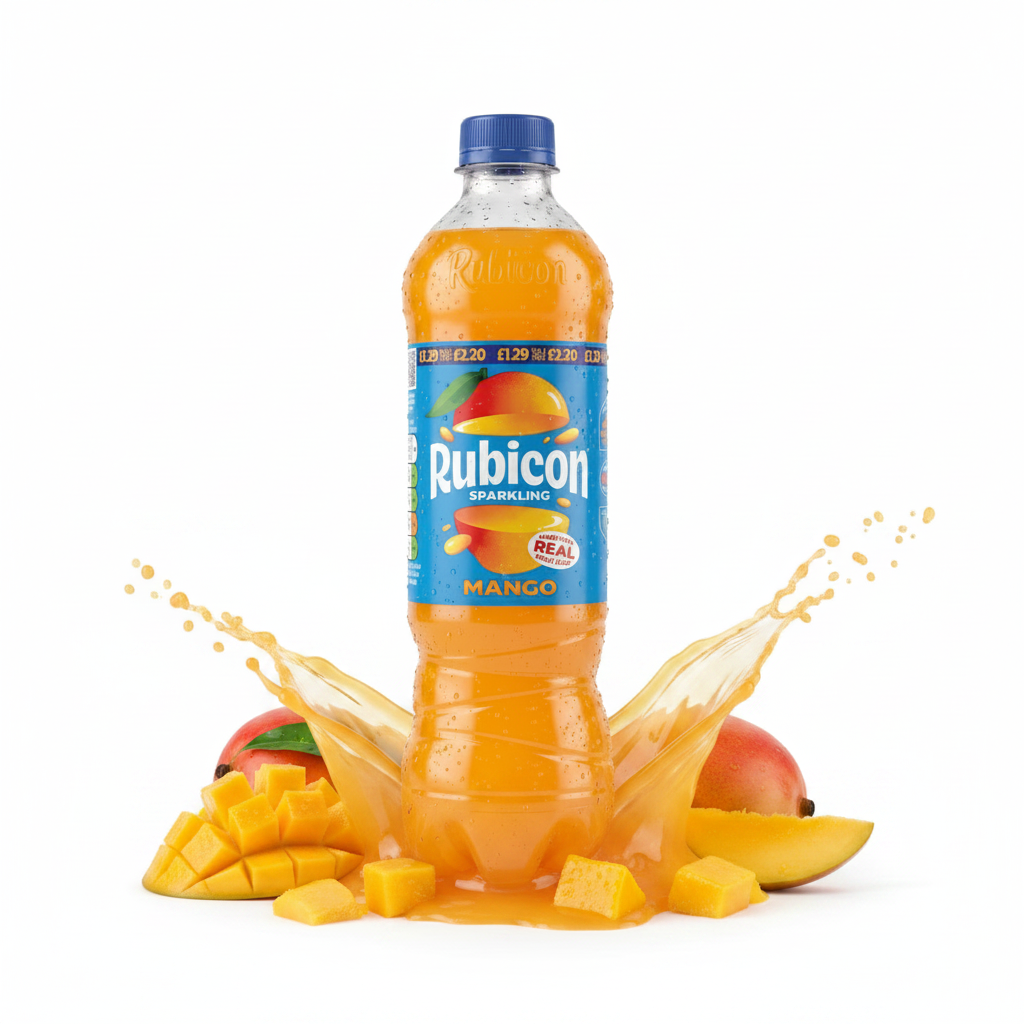 A bottle of Rubicon Sparkling Mango drink centered on a white background, surrounded by a splash of orange juice and mango pieces.