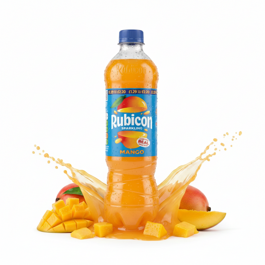 A bottle of Rubicon Sparkling Mango drink centered on a white background, surrounded by a splash of orange juice and mango pieces.