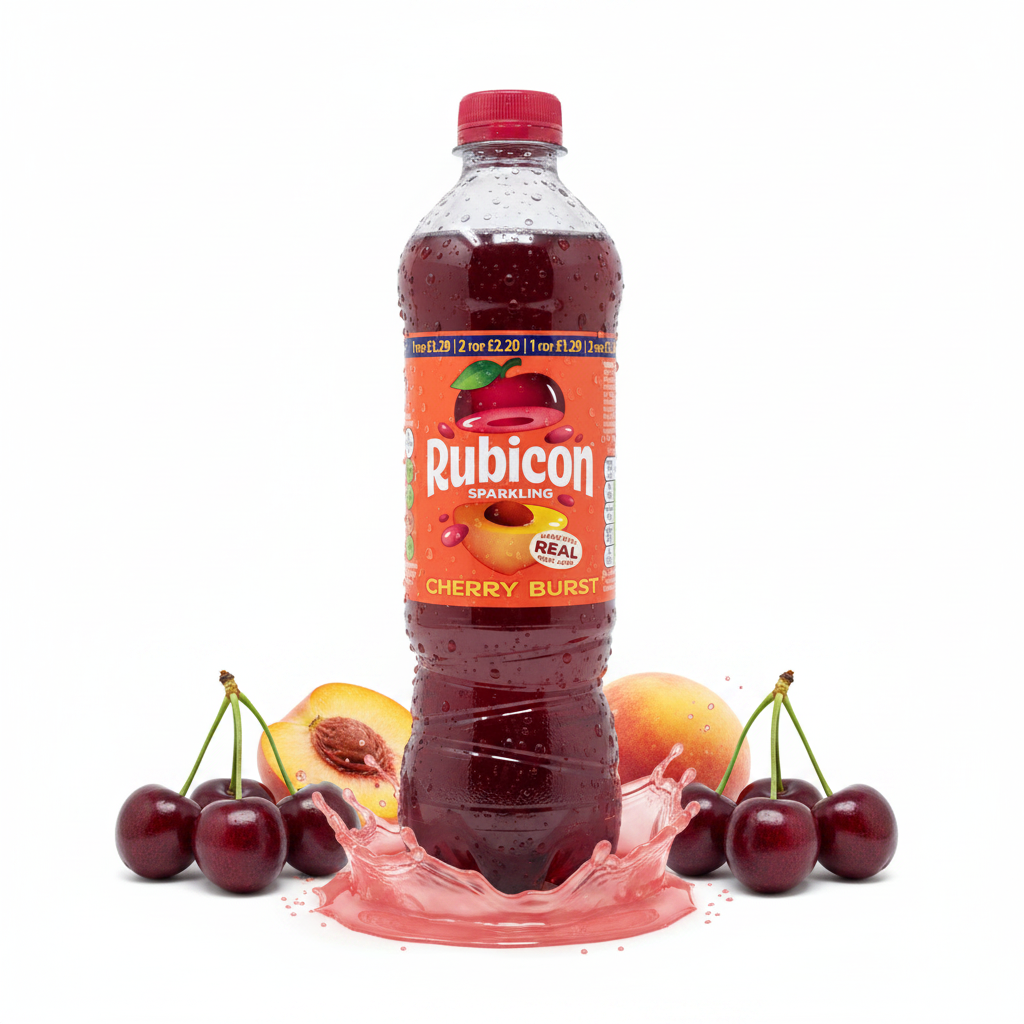 A 500ml bottle of Rubicon - Cherry Burst stands upright, encircled by fresh cherries, peach halves, and a vibrant splash of red liquid on a white background.