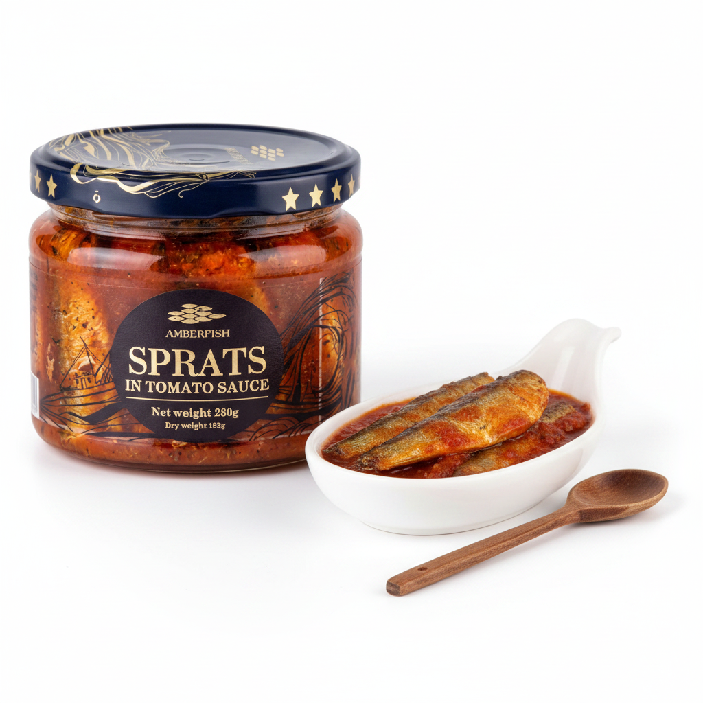 A jar of Amberfish - Sprats In Tomato Sauce (280g) sits beside a small dish featuring ready-to-eat smoked sprats in rich tomato sauce, accompanied by a wooden spoon.