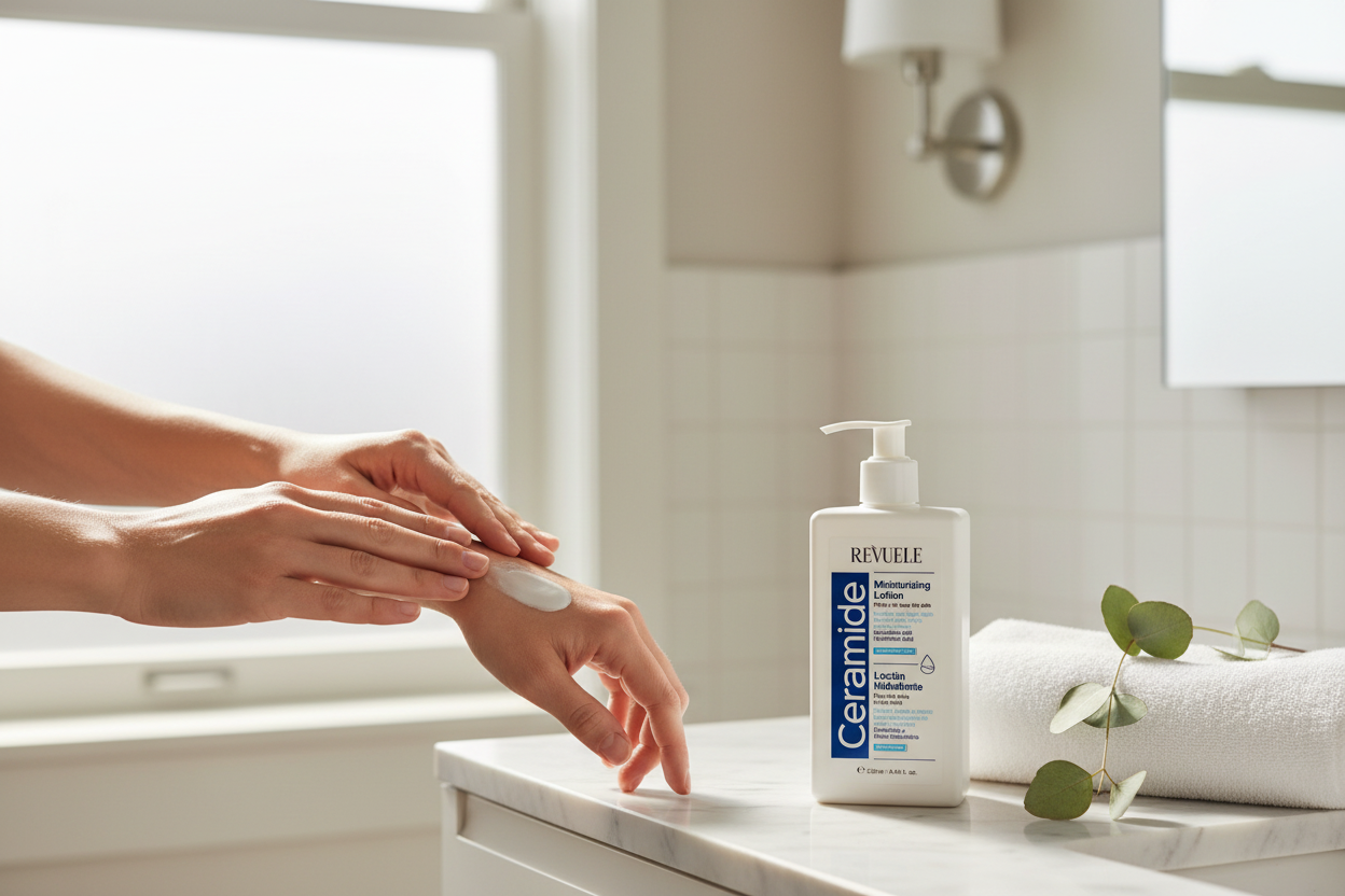 A person applies lotion to the back of their hand next to a bottle of Revuele - Ceramide Moisturizing Lotion For Dry Skin (250ml)—formulated with hyaluronic acid—on a bathroom counter with a towel and eucalyptus.