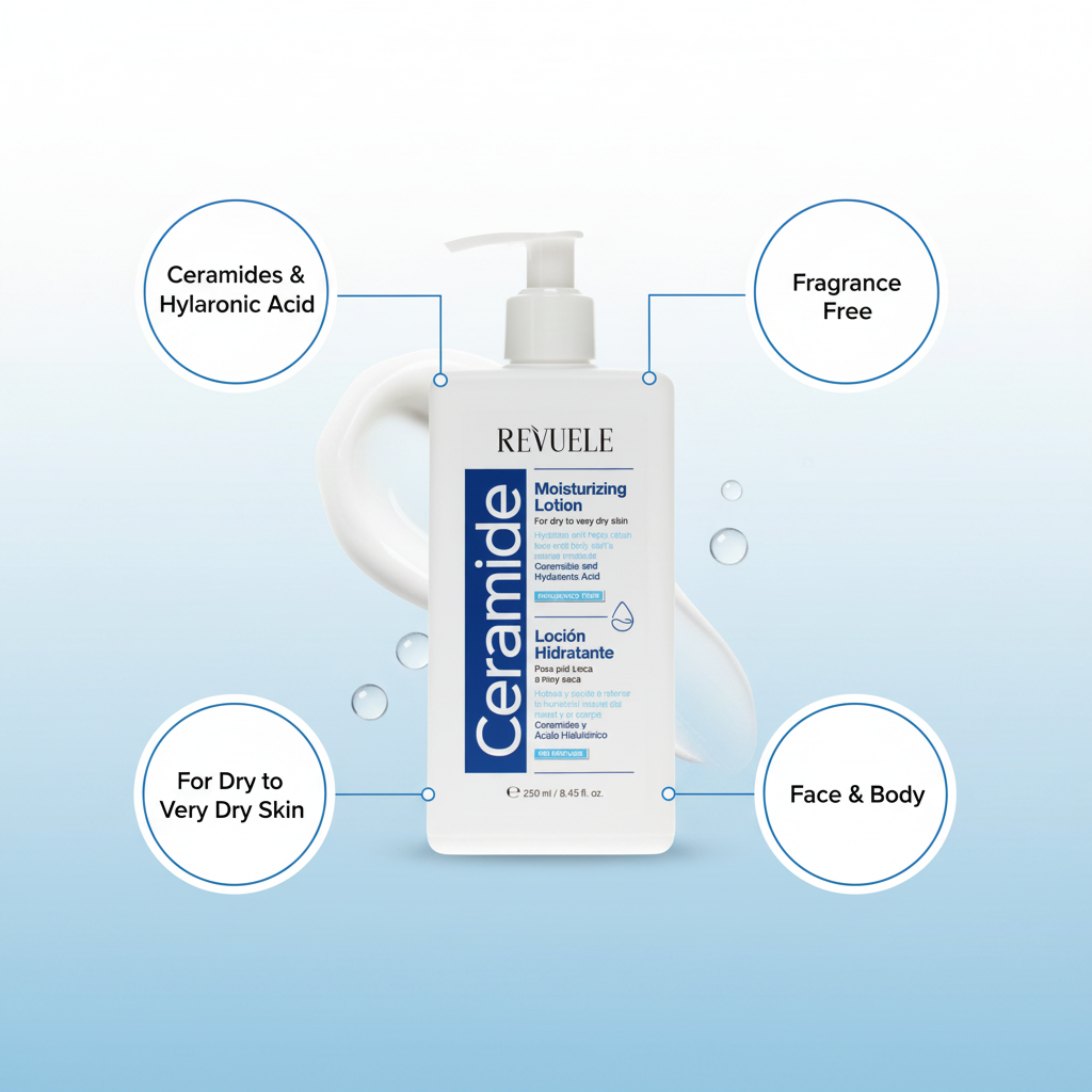 A 250ml bottle of Revuele - Ceramide Moisturizing Lotion For Dry Skin is shown with callouts highlighting ceramides & hyaluronic acid, fragrance free, suitable for dry to very dry skin, and for use on face & body.