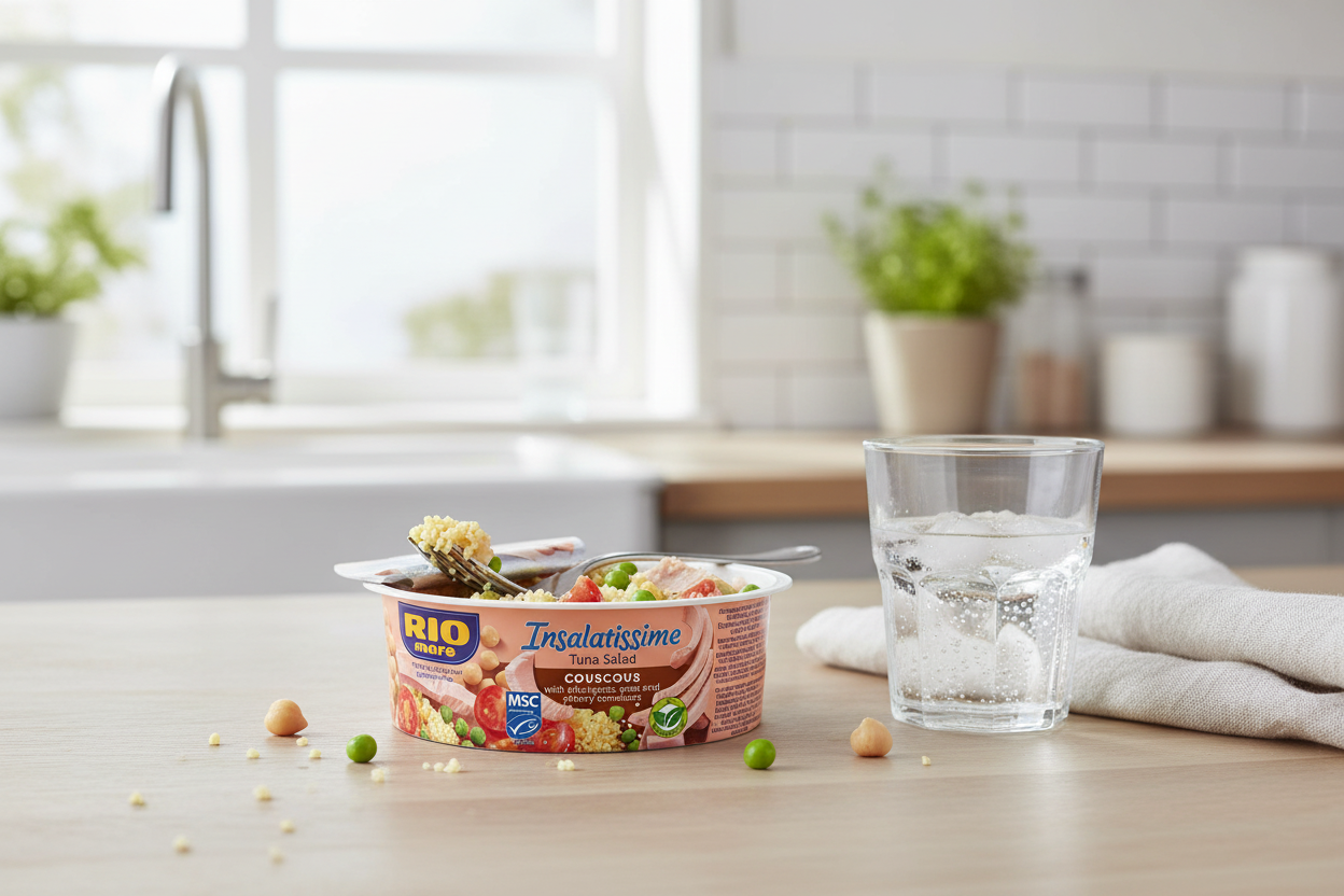 The Rio Mare - Couscous Tuna Salad (160g), a ready-to-eat meal from Rio Mare, is placed on a kitchen countertop next to a glass of water, with a fork and napkin beside it.