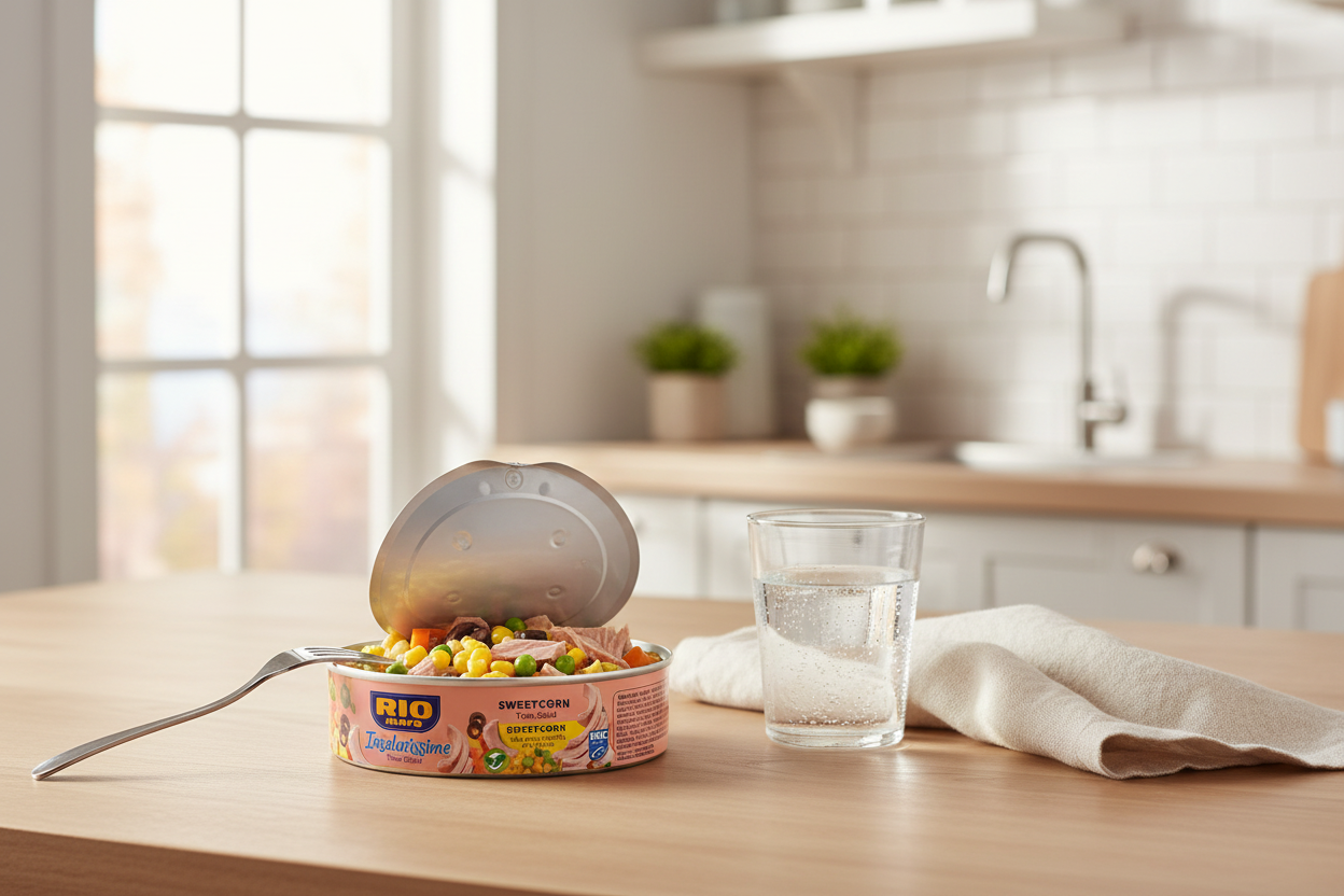 An open can of Rio Sweetcorn & Peas snack with a spoonful of colourful corn and peas visible, set on a light wood table next to a glass of water and a folded napkin in a bright kitchen setting.
