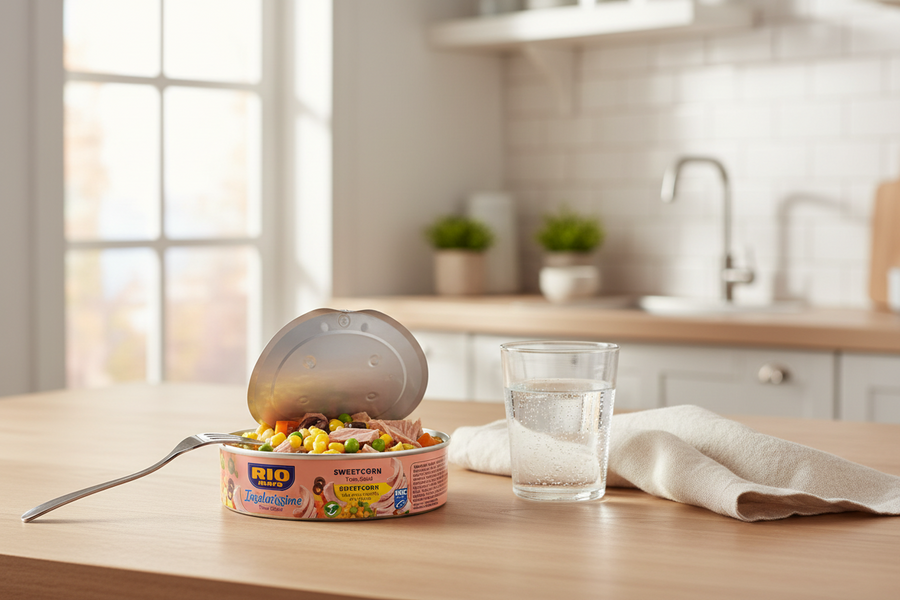 An open can of Rio Sweetcorn & Peas snack with a spoonful of colourful corn and peas visible, set on a light wood table next to a glass of water and a folded napkin in a bright kitchen setting.