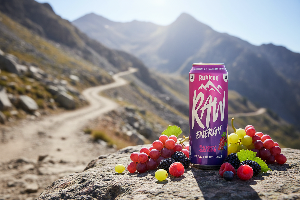 A 500ml can of Rubicon - Raw Berry Grape Energy Drink stands on a rock outdoors, surrounded by vibrant grapes, blackberries, and raspberries. With mountains and a winding path in the background, this invigorating beverage from Rubicon is packed with natural caffeine and captures the spirit of adventure in every sip.