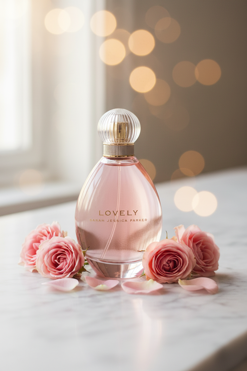 A 30ml bottle of Sarah Jessica Parker - Lovely Eau de Parfum rests elegantly on a marble surface, encircled by pink roses and petals, with gentle bokeh lights in the background, reflecting its iconic floral scent.