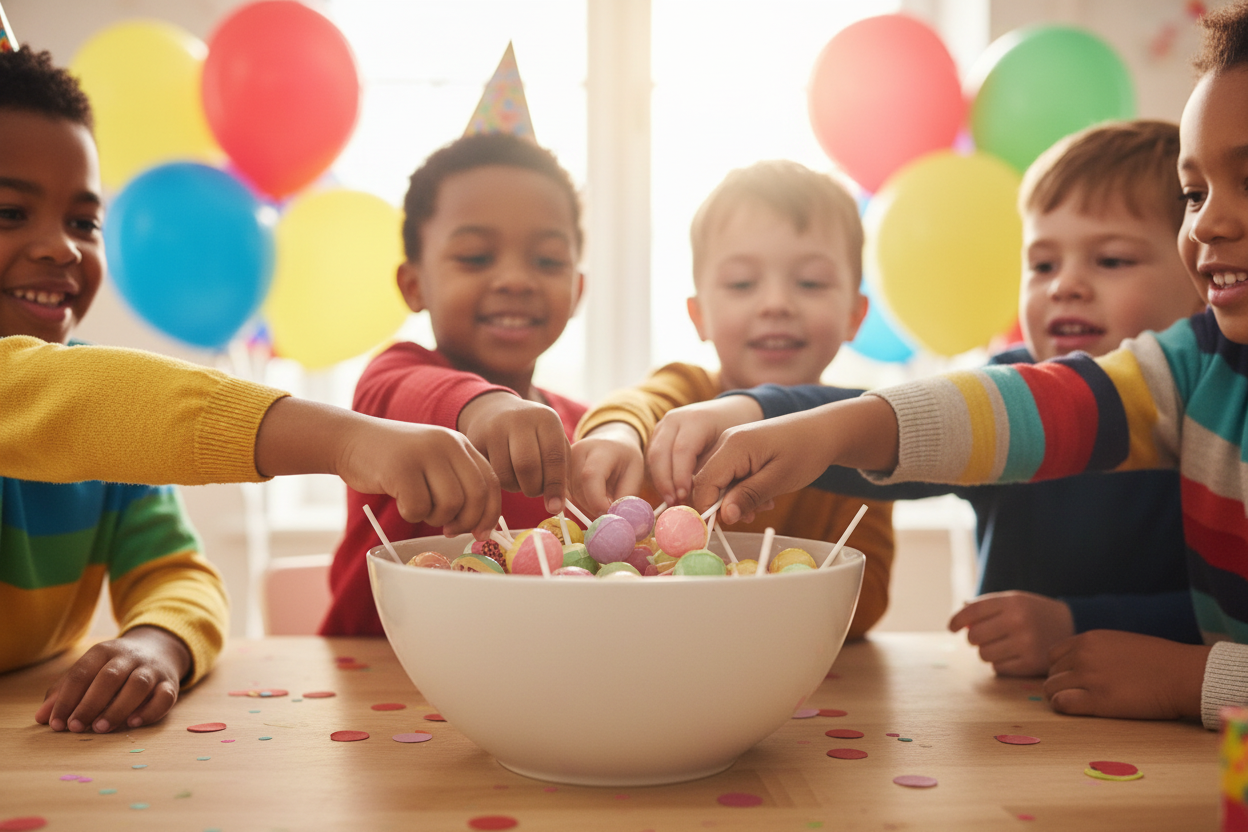 Five children reach into a bowl of Swizzels - Originals Double Lollies - 130g at a table decorated with confetti, while colorful balloons and party hats add to the festive atmosphere in the background. These vegan lollipops from Swizzels are perfect for sharing, making the celebration even sweeter.
