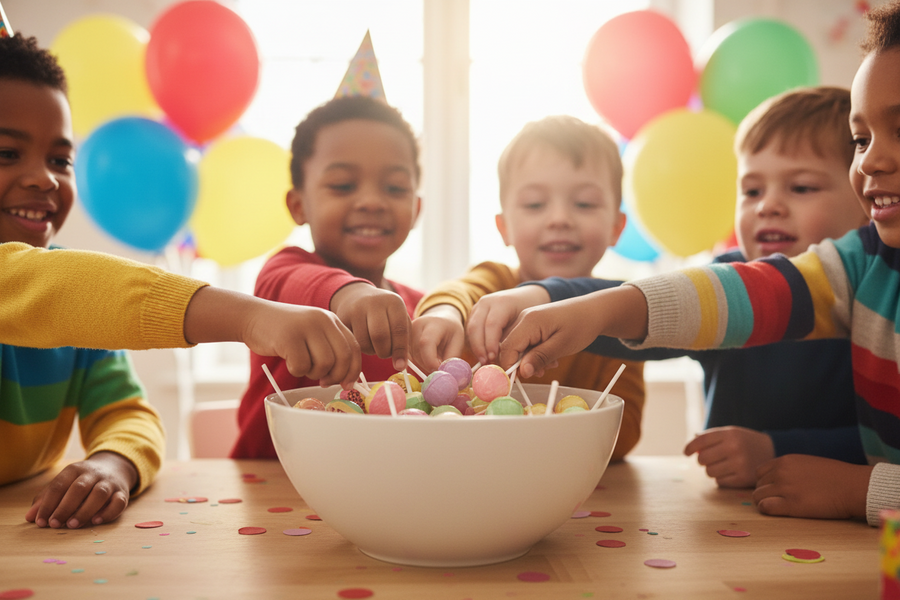 Five children reach into a bowl of Swizzels - Originals Double Lollies - 130g at a table decorated with confetti, while colorful balloons and party hats add to the festive atmosphere in the background. These vegan lollipops from Swizzels are perfect for sharing, making the celebration even sweeter.