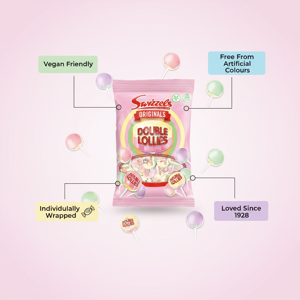 A 130g bag of Swizzels - Originals Double Lollies by Swizzels, surrounded by individually wrapped, vegan-friendly lollipops and labels: free from artificial colours and loved since 1928.