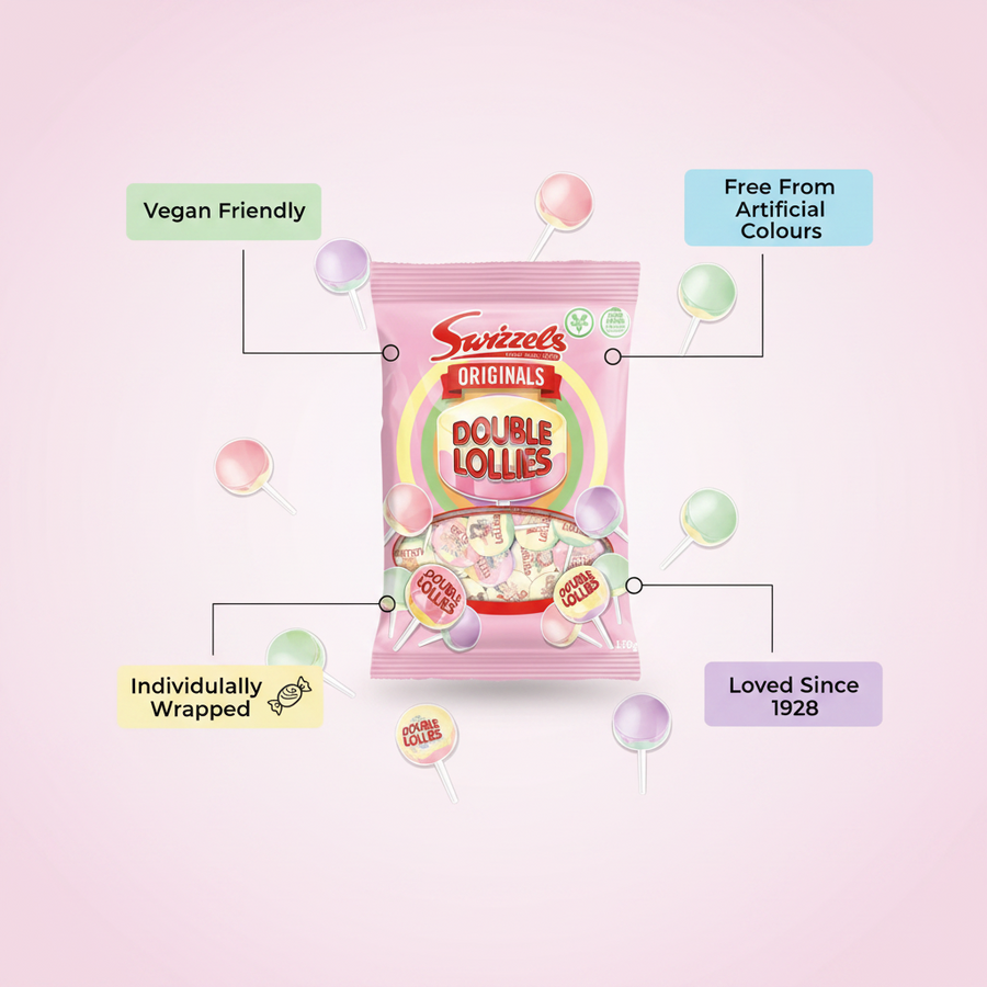 A 130g bag of Swizzels - Originals Double Lollies by Swizzels, surrounded by individually wrapped, vegan-friendly lollipops and labels: free from artificial colours and loved since 1928.