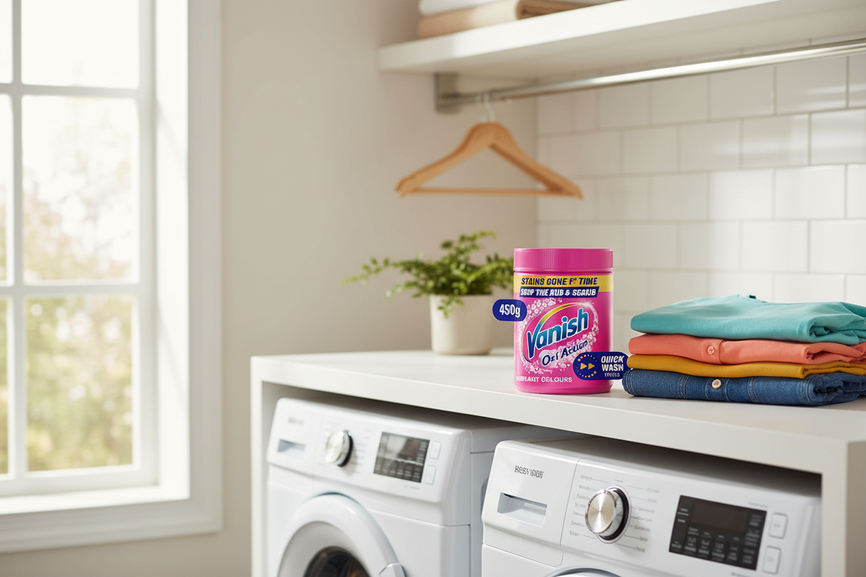 A laundry room featuring a washing machine and dryer, neatly folded clothes, a plant, and natural light streaming through the window. On the counter sits a 450g container of Vanish Oxi Action Chlorine Bleach Free Stain Remover from Vanish.
