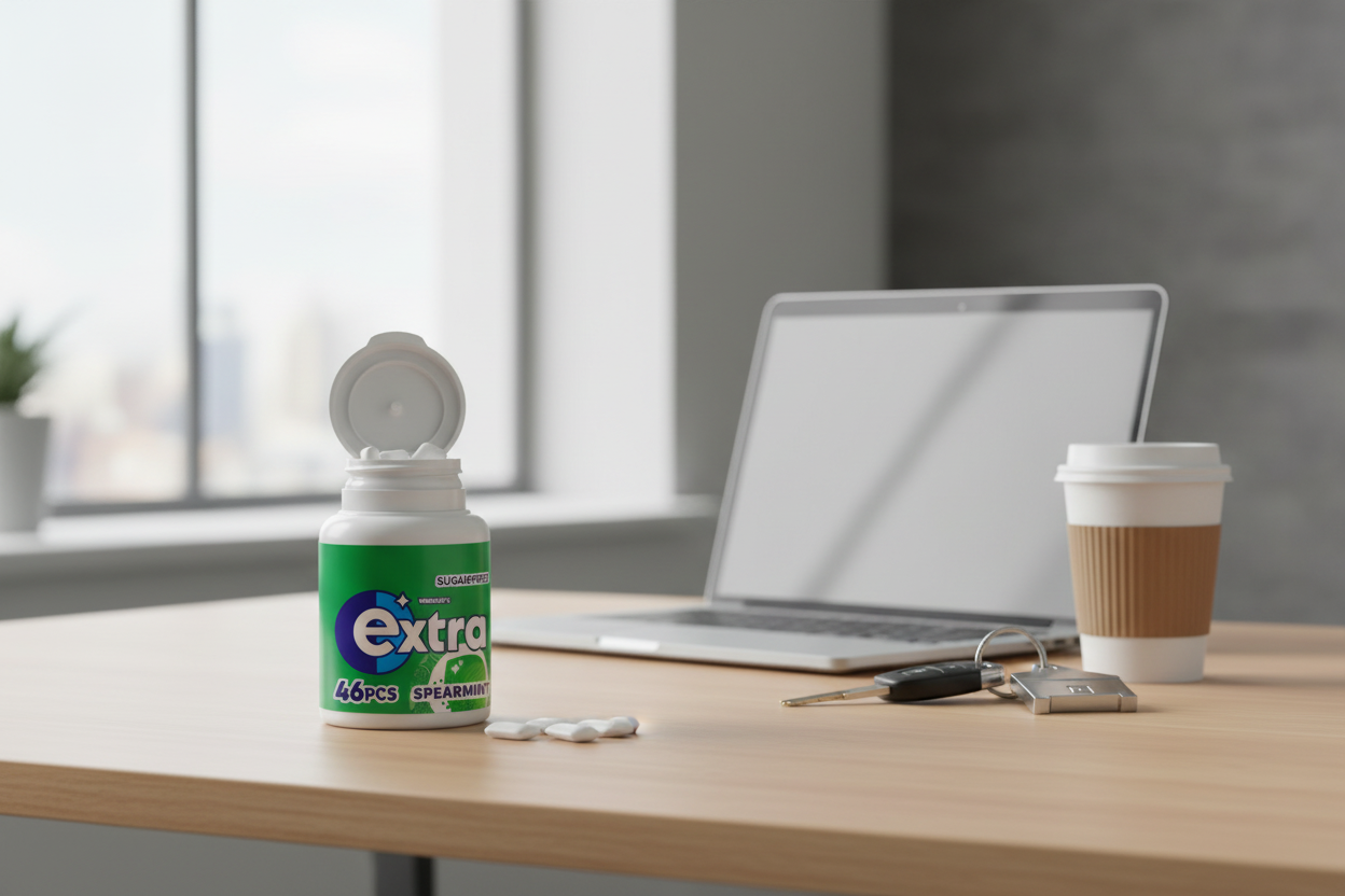 A bottle of Wrigleys Spearmint Sugarfree Chewing Gum (64g, 46 pieces), a laptop, a coffee cup, and a set of keys are on a desk near a window in an office setting.