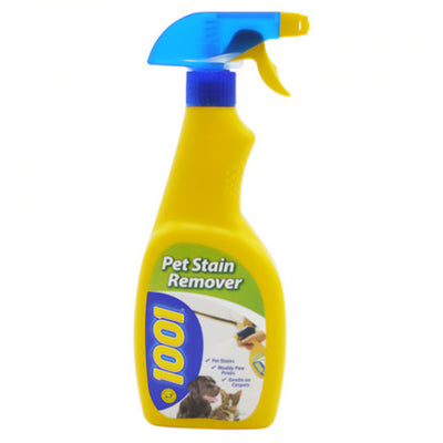 A yellow 500ml spray bottle of 1001 Pet Stain & Odour Remover features a blue trigger and pet images—an effective carpet cleaner from brand 1001 that eliminates stains and odours caused by pets.