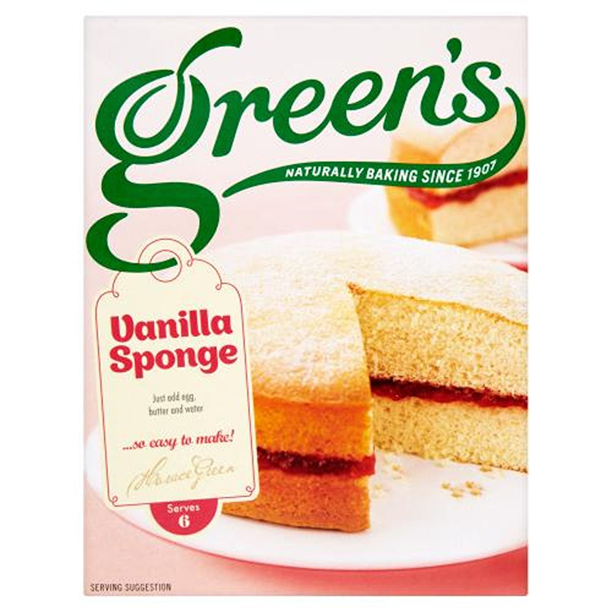 Box of Greens - Vanilla Sponge - 221g, displaying a picture of a layered vanilla sponge cake with filling, advertised as requiring egg, butter, and water to make. Serves 6.