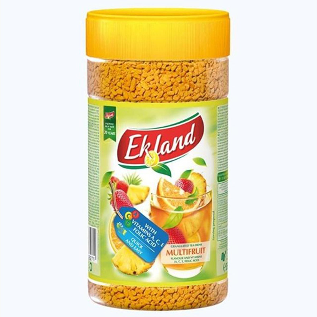 A jar of Ekoland Instant Multifruit Flavour Tea, featuring a cheerful yellow lid and vibrant images of fruit slices on the label, offers a refreshing and flavorful adventure in every sip.