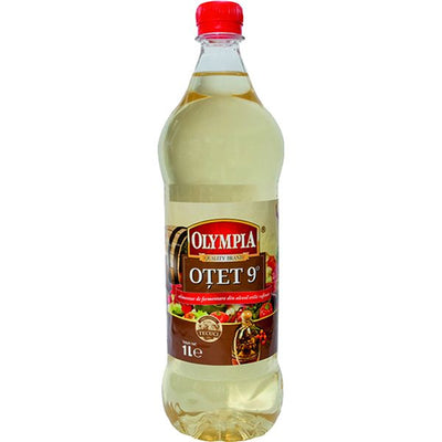 A 1-liter bottle of Olympia - Vinegar - 1L features a red cap and a label with vegetable images, marked "Otet 9%".