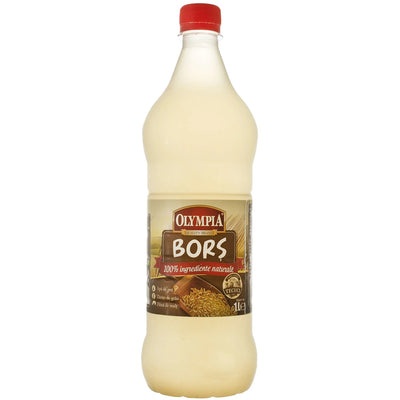 A 750ml plastic bottle of Olympia Sour Soup Seasoning, a Romanian liquid for soups, features a red cap and a brown label with grains and product details.