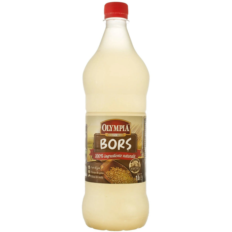 A 750ml plastic bottle of Olympia Sour Soup Seasoning, a Romanian liquid for soups, features a red cap and a brown label with grains and product details.