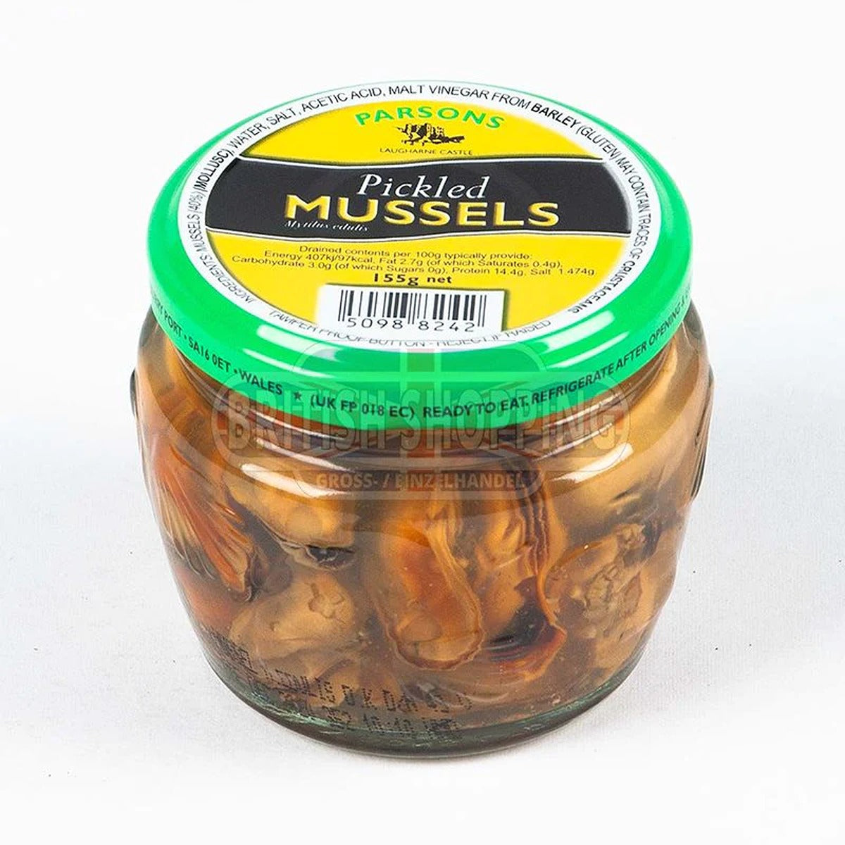 A jar of Parsons - Pickled Mussels - 155g on a white background.