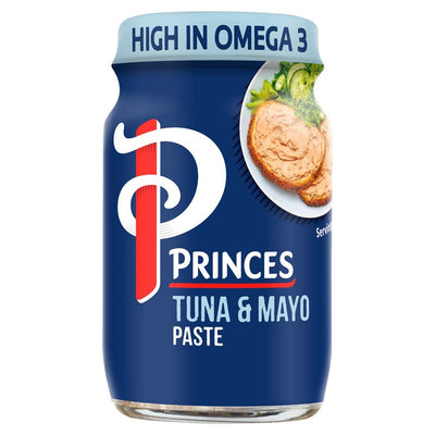 Princes Tuna and Mayonnaise Paste 75g comes in a blue-labelled jar, featuring tuna spread imagery and "High in Omega 3" text—a tasty way to enjoy the omega 3 benefits from Princes.